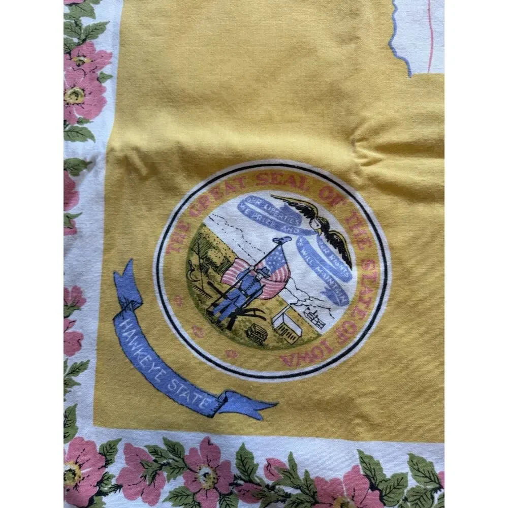Vintage Iowa State Souvenir Tablecloth 44” Square Hawkeye State Map Cotton 60s